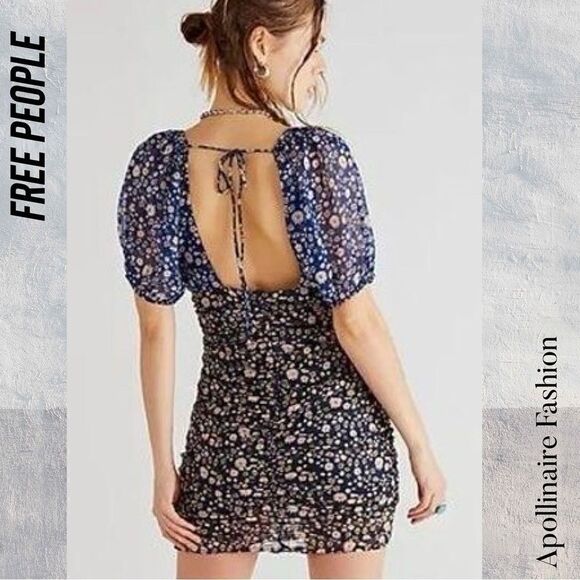 FREE PEOPLE TESSA RUCHED FLORAL PRINT MINI DRESS SMALL NEW BLUE COMBO - Picture 4 of 7